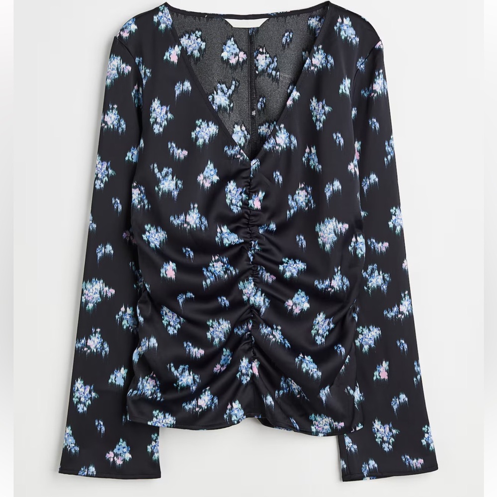 H&M Black Floral Women's Satin‎ Ruched Top Large NWT